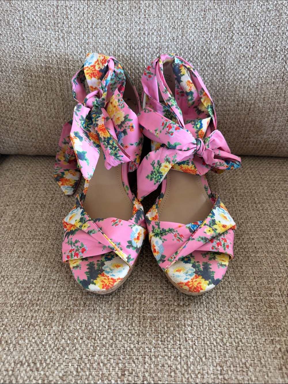 Impo Pink Floral Tie-Wrap Wedge Sandals with Multi-Color Blooms